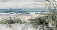 an oil painting of seagulls flying over the ocean and sand dunes on a beach