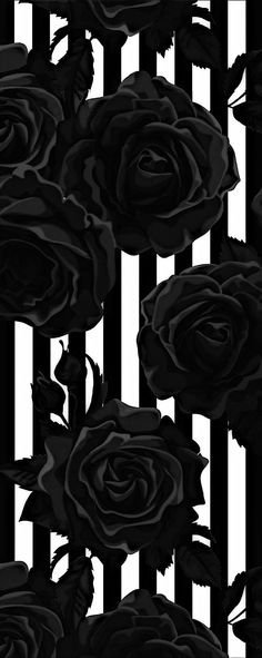 black and white roses are in the middle of a striped pattern on a wallpaper