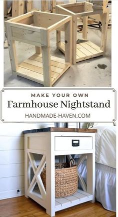 a small table made out of wood with the words make your own farmhouse night stand