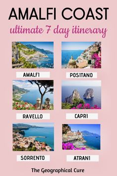 Pinterest pin for one week in Amalfi Almafi Coast Italy, Amalfi Coast Travel Guide, Amalfi Coast Itinerary, Island Of Capri, Holiday Travel Destinations, Europe Holidays