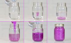 several images of different jars with purple liquid in them