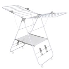 a white ironing board with wheels and an open shelf on the top, against a white background