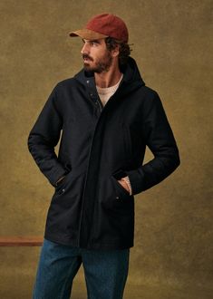 Peter Parka - Navy  - Organic Cotton - Octobre Éditions Functional Winter Workwear Parka, Winter Travel Outerwear With Adjustable Hood, Urban Outerwear With Detachable Hood For Work, Hooded Wool Outerwear For Outdoor, Waterproof Hooded Parka For Workwear, Wool Outerwear With Double-lined Hood For Cold Weather, Wool Hooded Outerwear For Outdoor, Waterproof Hooded Parka For Work, Cold Weather Wool Outerwear With Double-lined Hood