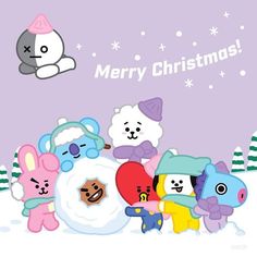 a group of stuffed animals standing next to each other on a snow covered ground with the words merry christmas