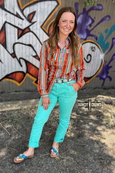 Our Turquoise Creek Pants are the perfect addition to any outfit! These turquoise bottoms feature functional buttons, a stretchy waist-band and deep pockets for added convenience. Plus, the true-to-size stretchy fit ensures you'll feel comfortable and confident all day long. Make a statement with these pants! 98% Cotton, 2% Spandex Casual Turquoise Pants, Dresses Western, Fly Outfit, Wild Rag, Sweater Blazer, Kids Graphic Tees, Simple Shirts, Swimwear Sale, Wholesale Clothing