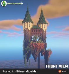 an image of a castle made out of legos in the ocean with text overlay that reads, front view