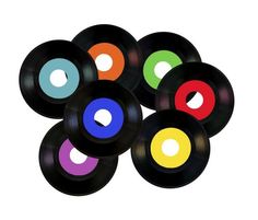 six different colored vinyl records arranged in a circle