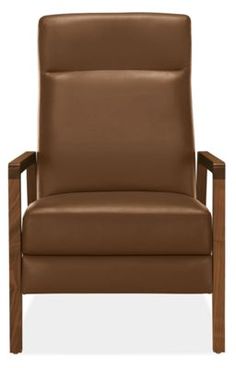 a brown leather chair with wooden legs and armrests on an isolated white background