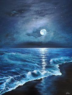 an oil painting of the ocean at night with stars in the sky and moon on the water