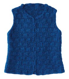 a blue knitted vest on a white background