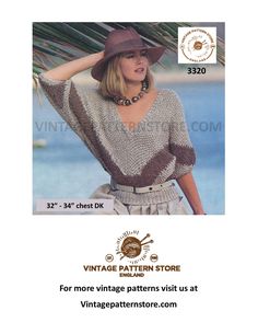 "PDF Pattern - by vintagepatternstore.com for instant download Womens 80s sweater pattern, with deep V neck, easy to knit design with contrast colour and 3/4 length batwing sleeves - knits as DK - 32\" - 34\" chest - see photos for other materials required. You are purchasing a digital pattern - not a physical pattern, nor the finished article. Your PDF will be available for immediate download following cleared payment. Instructions for downloading your pattern have been sent via email or can be found at http://www.etsy.com/help/article/3949 if you have purchased via etsy." Womens Knitting Patterns, Vintage Knitwear, Dolman Sweater, 80s Sweater, Summer Sweater, Sweater Knitting, Summer Sweaters, Vintage Knitting Patterns, Pattern Store