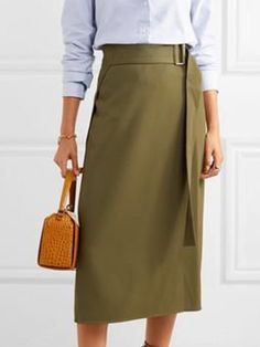 Asymmetrical Skirt With Pockets For Work, Solid Color Belted Skirt For Work, Asymmetrical Workwear Skirt, Chic Wrap Skirt With Pockets For Work, Asymmetrical Pencil Skirt For Work, Chic High Waist Wrap Skirt For Workwear, Solid Color Wrap Skirt For Work, Solid Wrap Skirt For Work, Green Relaxed Skirt For Work