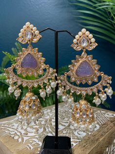 Premium quality High gold plated, pearl work, hand carved work , AD lining and kundan work. Clip back.  about 5 inch long  Absolute designer piece and statement earring. Kundan Chandbali, Kundan Work, Pearl Work, Chandbali Earrings, Kundan Earrings, Statement Earring, Stunning Earrings, Anklet Jewelry, Body Jewellery