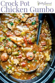 a crock pot filled with shrimp and vegetable stew