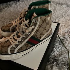 Tan Gucci Sneakers Size 7, Worn Less Than 10 Times, Including Brand New Lace , Box Is In Great Condition Will Be Cleaning Shoes Before Shipping. Casual Gucci High-top Sneakers With Round Toe, Gucci High-top Sneakers With Branded Insole, Gucci High-top Sneakers With Branded Heel And Round Toe, Gucci High-top Sneakers With Branded Heel Counter, Designer Gucci High-top Sneakers With Rubber Sole, Gucci High-top Sneakers With Branded Heel, Gucci High-top Lace-up Sneakers For Streetwear, Gucci High-top Sneakers With Laces, Gucci High-top Sneakers