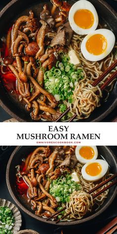 two pictures showing different types of ramen with eggs and mushrooms in them, on top of