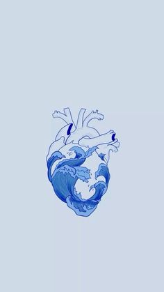 a drawing of a human heart on a light blue background with water swirling around it