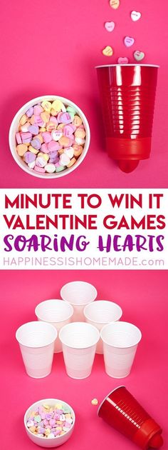 valentine's day party game for kids with hearts and candy in plastic cups on pink background