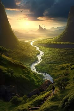 a man standing on top of a lush green hillside next to a river under a cloudy sky