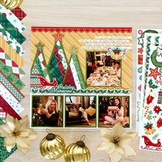 christmas scrapbook layout with gold and green ornaments