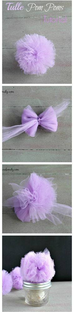 three pictures showing how to make tulle flowers