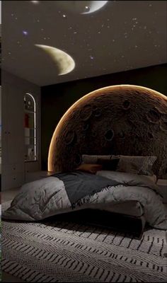 an image of a bedroom with planets in the background