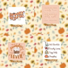 four square stickers with the words pumpkin spice lover and an image of a cupcake