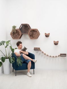 a man sitting on a blue chair with a cat in his lap looking at the wall