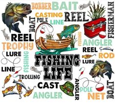 an image of fishing life with fish and other things in the background that are grouped together