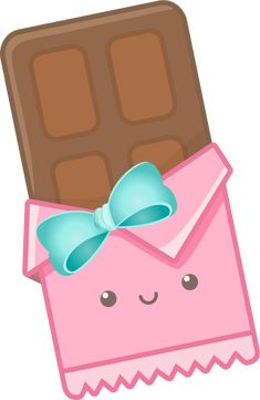 a candy bar with a bow on it's head and chocolate in the background