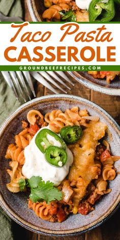 A hearty dinner recipe for weeknights! The whole family will love this taco pasta casserole with ground beef. It's so cheesy and delicious! Put this taco pasta bake on your comfort food ideas! Taco Pasta Casserole, Taco Pasta Bake, Comfort Food Ideas, Casserole With Ground Beef, Ground Beef Pasta Recipes, Beef Pasta Recipes, Ground Beef Casserole Recipes, Ground Beef Pasta, Beef Dinners