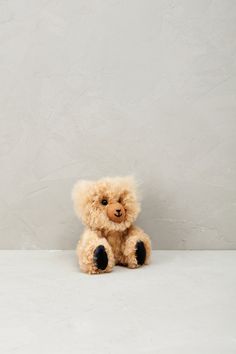 a teddy bear sitting on the floor in front of a white wall with black feet