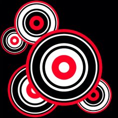 red and black circles are arranged in the shape of an abstract pattern on a black background