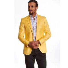 Single Breasted Blazer 2 Button Jacket Style Notch Lapel European Fit Flap Front Pocket Color: Yellow Classic Yellow Blazer For Business, Fitted Yellow Blazer For Business, Yellow Fitted Blazer For Semi-formal Occasions, Yellow Single Breasted Blazer With Lapel Collar, Yellow Formal Blazer With Suit Collar, Classic Single-breasted Yellow Blazer, Yellow Single-breasted Notch Lapel Blazer, Yellow Single-breasted Blazer With Lapel Collar, Classic Yellow Blazer With Button Closure