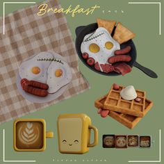 some food is laying out on top of a table with a checkered cloth and coffee mug