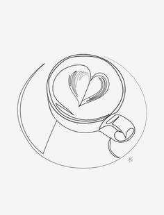 a black and white drawing of a cup of coffee with a heart in the middle