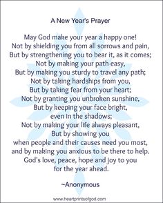 a poem written in blue ink with the words new year's prayer on it