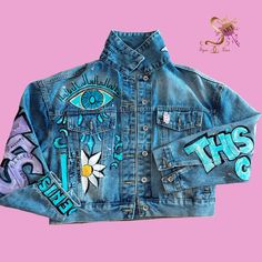 Custom Unique Hand-painted Denim Jacket,pink Panther, Daisies, Jungle, Evil Eyes - Etsy Hand Painted Blue Denim Jacket For Spring, Spring Hand Painted Blue Denim Jacket, Spring Hand Painted Denim Jacket, Hand Painted Trendy Denim Jacket For Spring, Trendy Hand Painted Denim Jacket For Spring, Artistic Blue Denim Jacket For Spring, Artsy Cotton Denim Jacket For Spring, Blue Denim Jacket With Custom Artwork For Spring, Trendy Cotton Denim Jacket With Custom Artwork