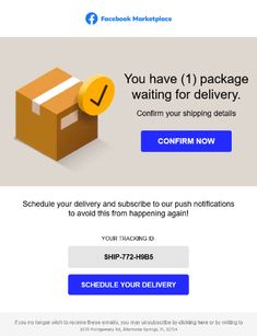 an email form for shipping with the message you have 1 package waiting for delivery on it