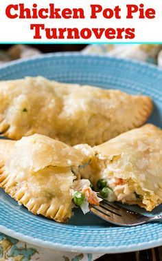 chicken pot pie turnoverers on a blue plate with a fork