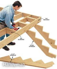 a young boy is working on some stairs with tools and woodworking equipment around him