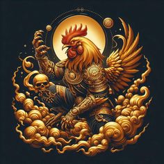 a golden rooster sitting on top of a cloud filled with gold and black feathers, surrounded by skulls