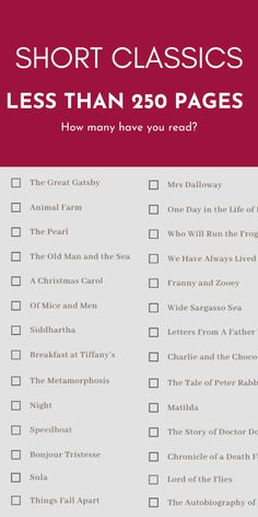 a red and white checklist with the words short classics less than 350 pages