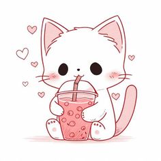 a white cat holding a drink with hearts around it