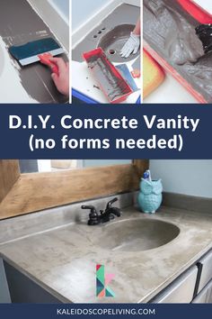 diy concrete vanity no forms needed with text overlay that reads diy concrete vanity no forms needed