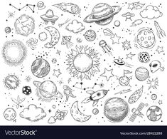 the solar system with planets, stars and rockets in black and white coloring book page