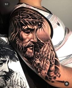 Aztec Tattoos Sleeve, Pisces Tattoo, Christian Sleeve Tattoo, Christ Tattoo, Mens Shoulder Tattoo