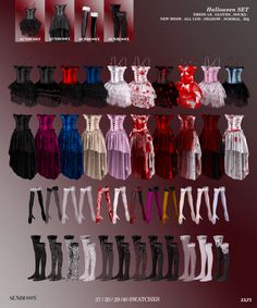 an assortment of women's dresses and thigh high boots in various colors, sizes and styles