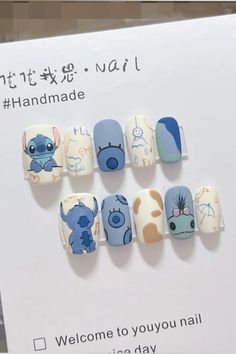 Disney Stitch Nail Designs, Cute Nail Art Designs Disney, Blueberry Cow Nails, Disney Press On Nails, Nail Art Easy Designs, Nail Art Designs Disney, Cute Anime Nails, Stitch Nail Designs, Nail Designs Disney