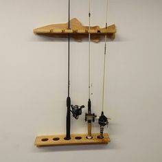 two fishing rods are hooked up to the wall